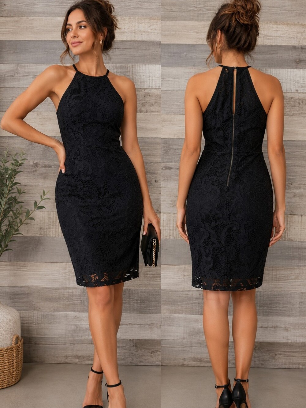 Black Lace Halter Neck Cocktail Dress Women Size M Fitted Sheath Formal Evening